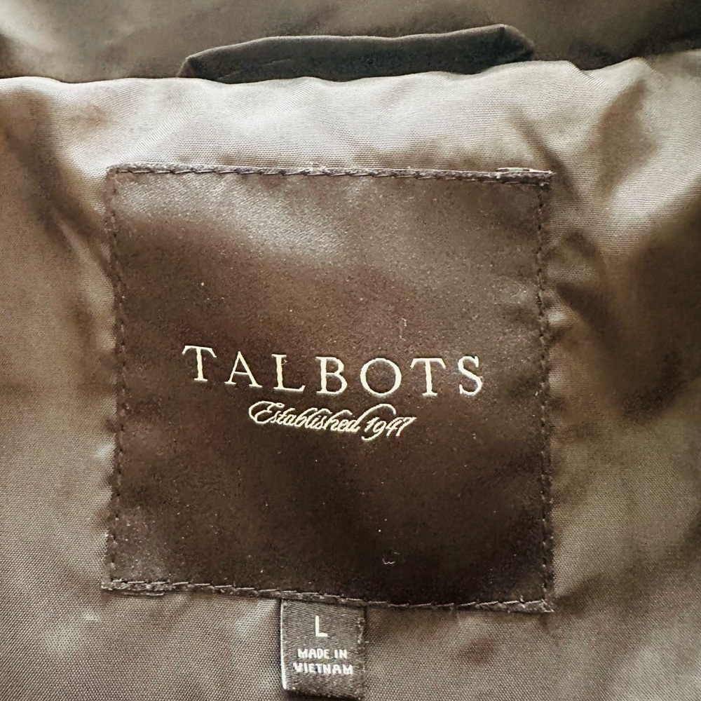 Beautiful three quarter, black down coat with belted waist. Size LARGE.